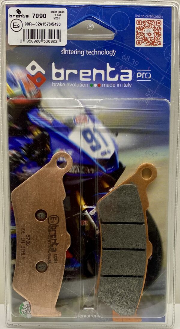 Brenta sintered pro brake pads. Two motorcycle brake pads in blue packaging. Part number BR7090.