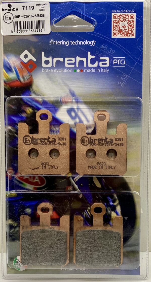 Brenta sintered pro brake pads. Part number BR7119. Four pads in blue packaging.