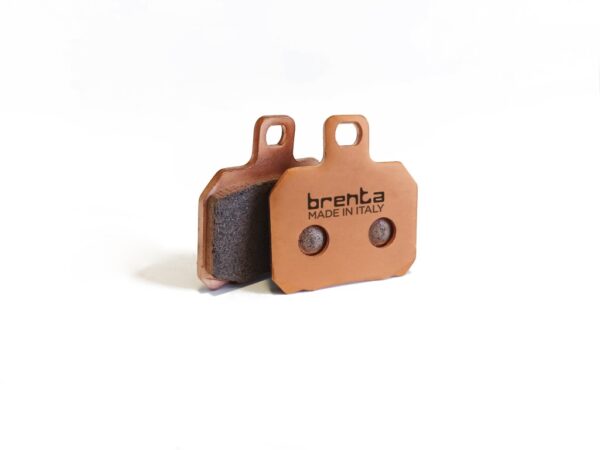 Two Brenta sintered motorcycle brake pads for road use.