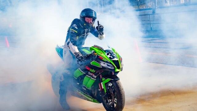 Motorcycle burnout on a Kawasaki ZX10 at Carco.com.au Raceway in Wanneroo.