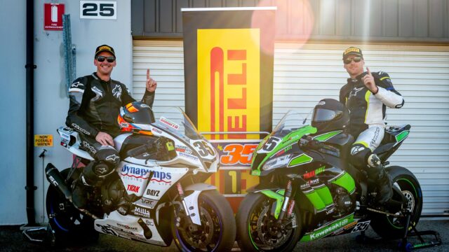 2024 Wanneroo Endurance Race champions Ben Stronach and Warren French on their Yamaha R1 and Kawasaki ZX10.