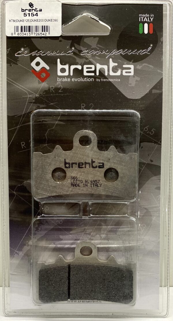 Two Brenta performance motorcycle brake pads in black packaging. Part number BR5154.